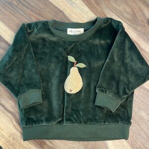 Cozy forest green velour sweatshirt- baby 6-13 months with adorable boucle pear